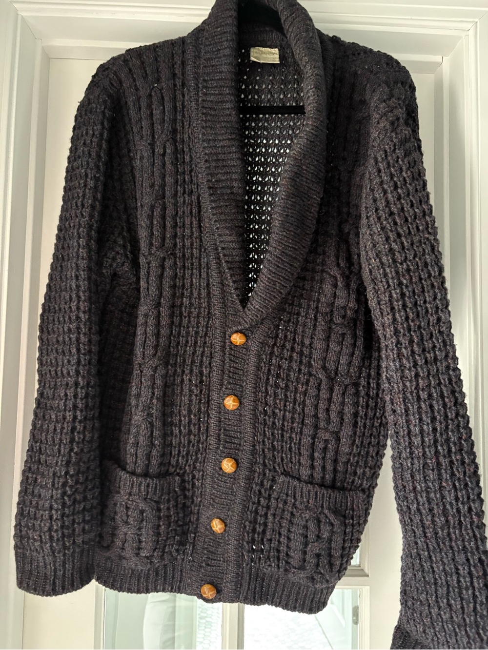 Vtg Falcarragh Irish Wool Shawl Collar Aran Cardigan Sweater L